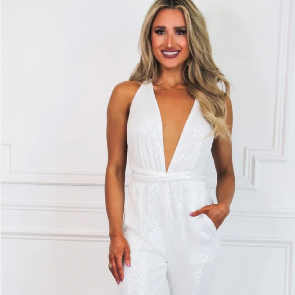 Bella and Bloom DREAM COME TRUE WRAP SEQUIN JUMPSUIT: WHITE
